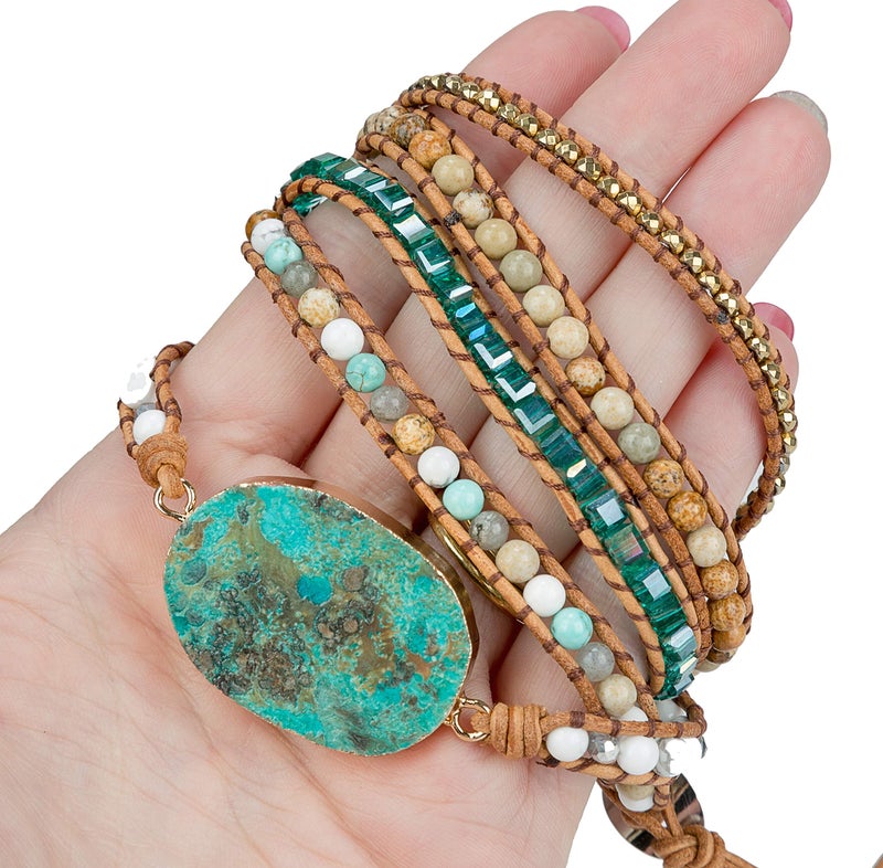 SPUNKYsoul Ocean Jasper 5 Wrap Handmade Leather Bead Crystal Wrap Bracelet Collection (5 Wrap Ocean Jasper) - Image 4
